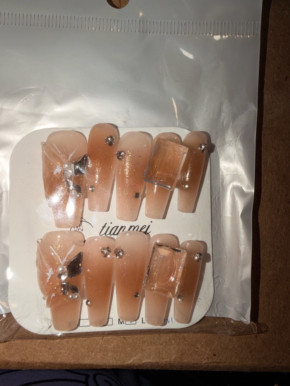 2/$10 Peach Ombre Sparkle Press-On Nails with Rhinestones
